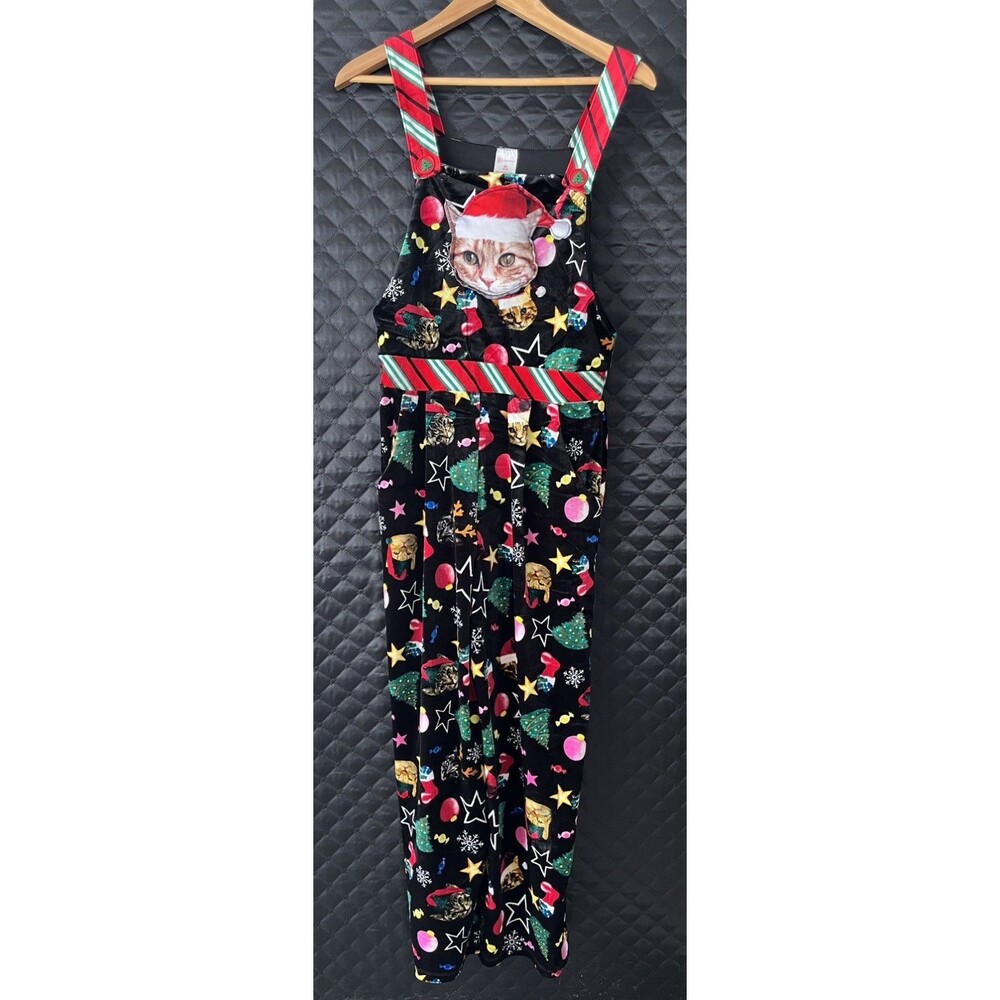 No Boundaries Christmas Cat Velvet Overalls Jumpsuit Juniors Medium